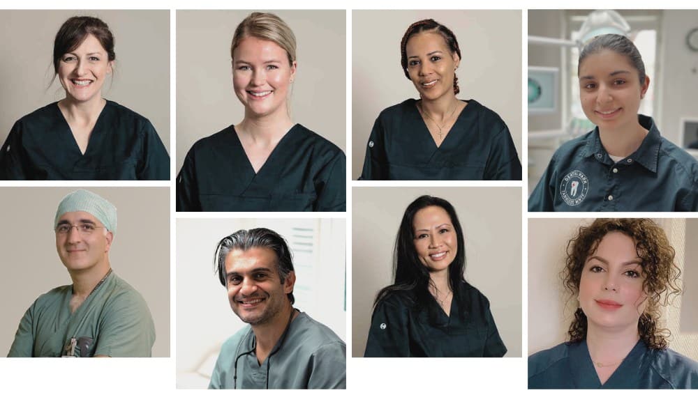 En profesjonell kollasje av de ansatte ved klinikken, inkludert tannleger og tannpleiere i klinikkbekledning. Bildene viser et smilende og imøtekommende team i et lyst miljø.